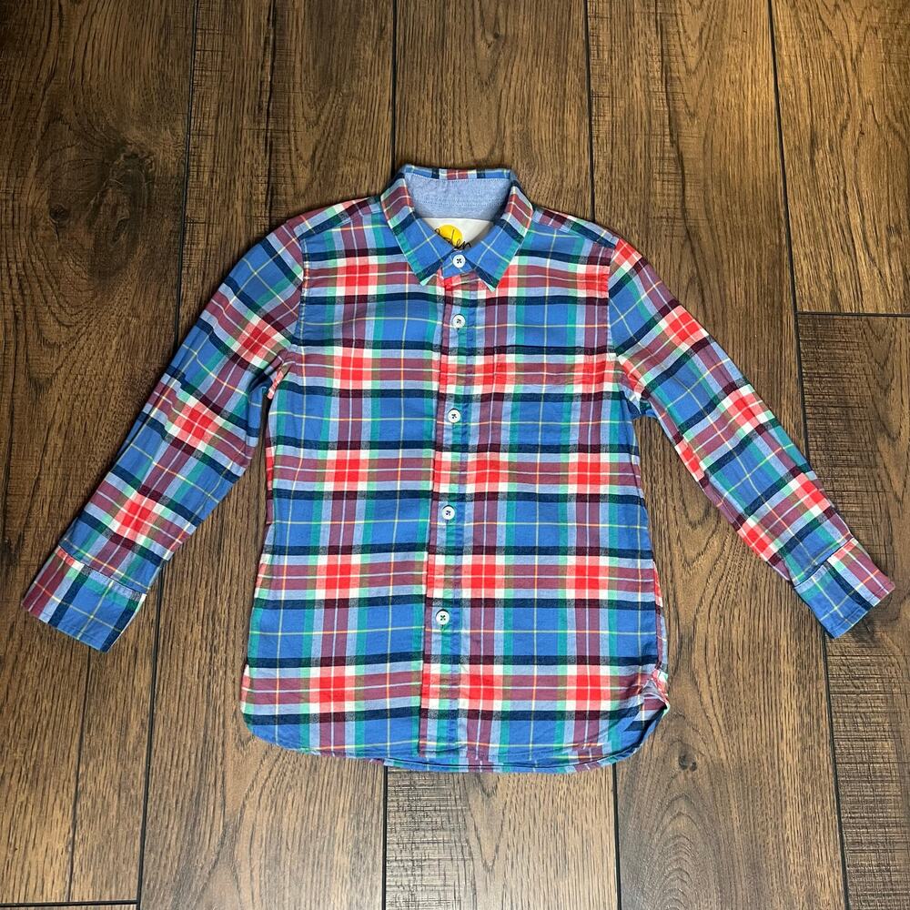 Mini Boden Boys Blue Red Plaid Flannel Button Down 5-6Y 100% Cotton Long Sleeve
